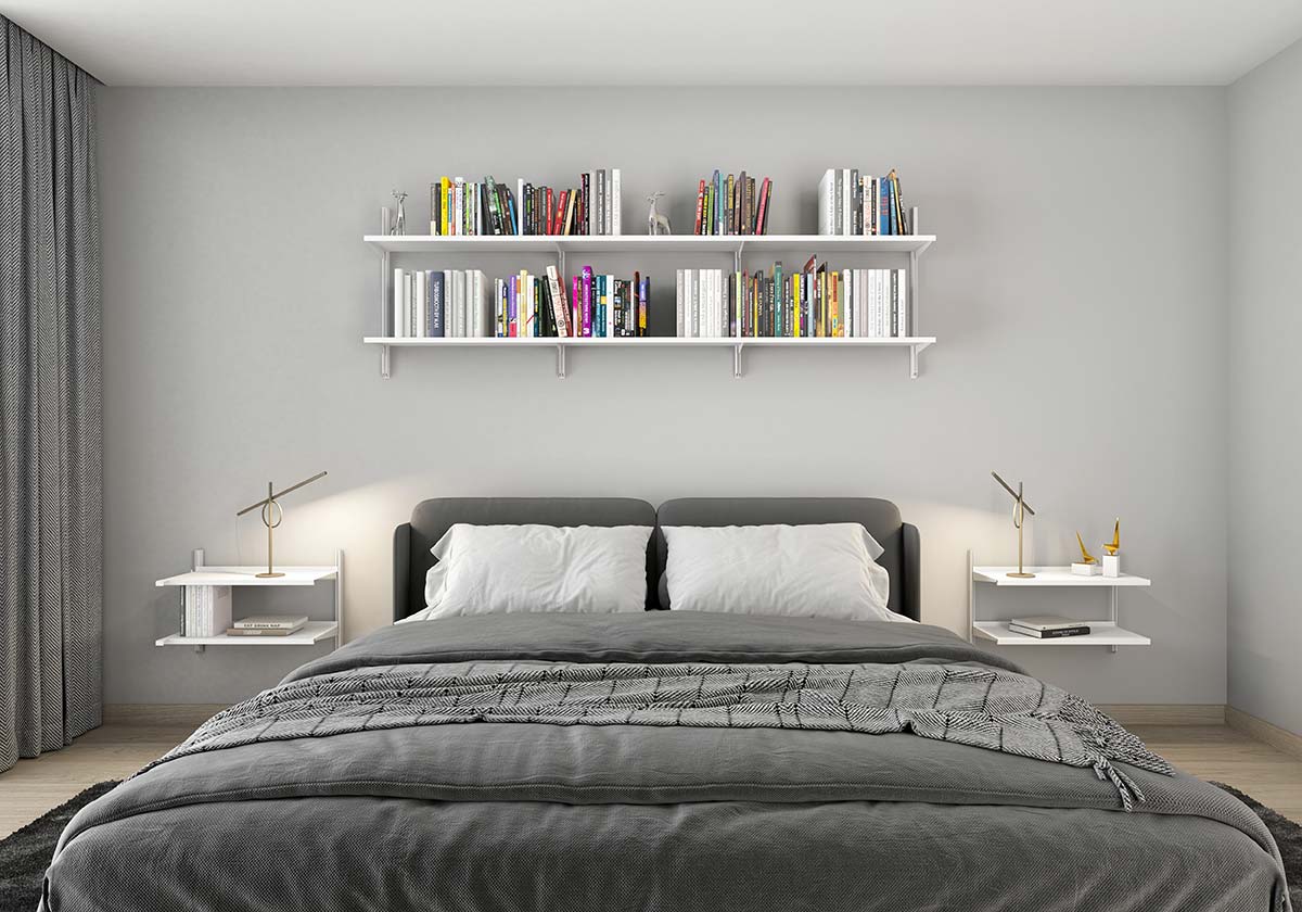 Pallucco Continua bookcase in a bedroom with suspended bedside tables
